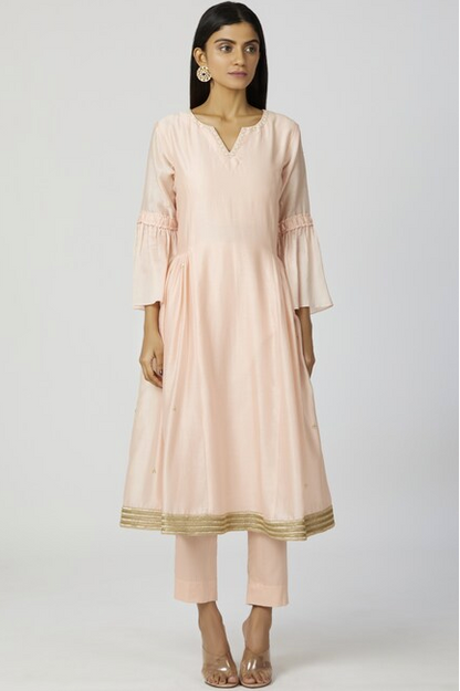 Chanderi Silk - Sequin Embroidered Anarkali Set in Peach-3