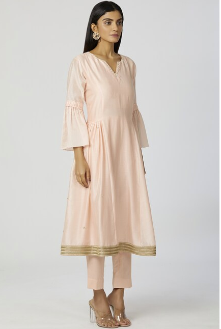 Chanderi Silk - Sequin Embroidered Anarkali Set in Peach-2