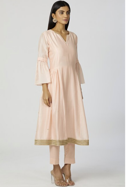 Chanderi Silk - Sequin Embroidered Anarkali Set in Peach-2