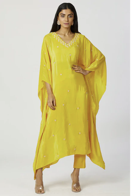 Embroidered Kaftan & Pants Set in Mustard-0