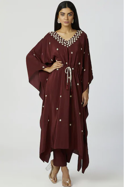 Embroidered Kaftan wine color Pant Set-0