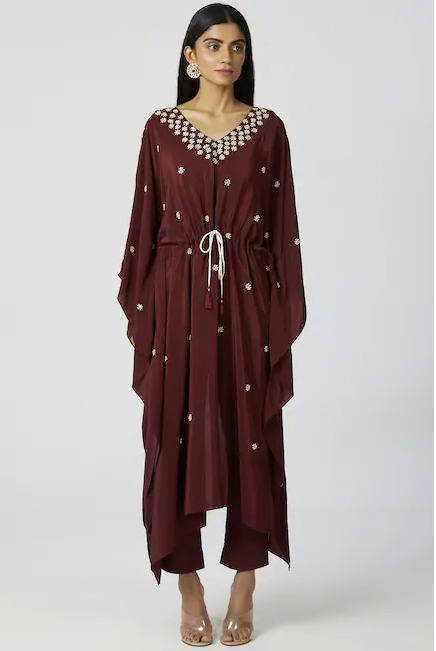 Embroidered Kaftan wine color Pant Set-3