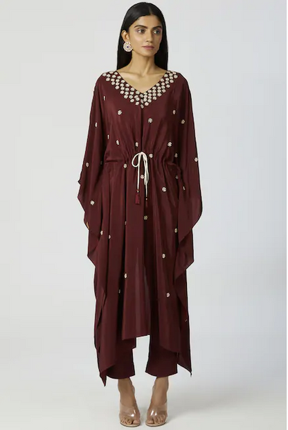 Embroidered Kaftan wine color Pant Set-3