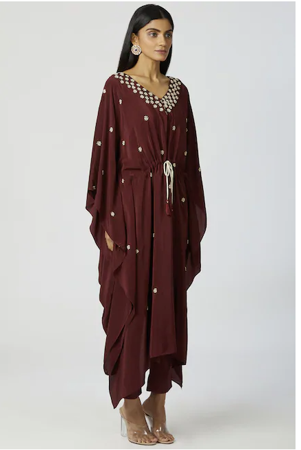 Embroidered Kaftan wine color Pant Set-2