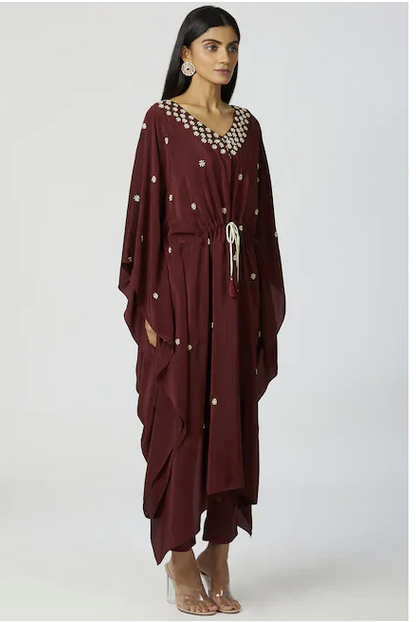 Embroidered Kaftan wine color Pant Set-2