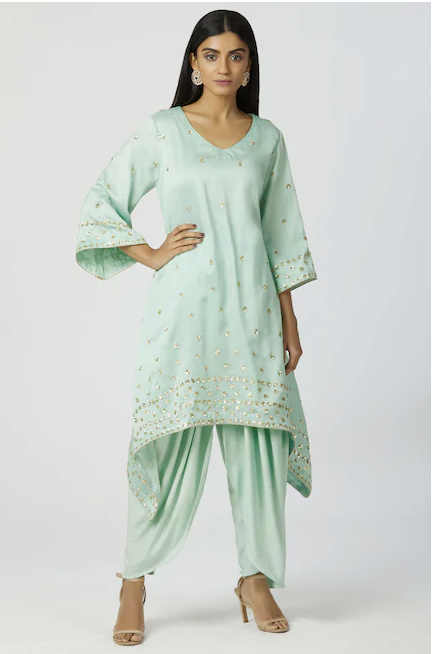 Chanderi Silk Kurta Dhoti Pant Set in Mint Green-0