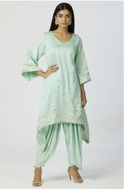 Chanderi Silk Kurta Dhoti Pant Set in Mint Green-0