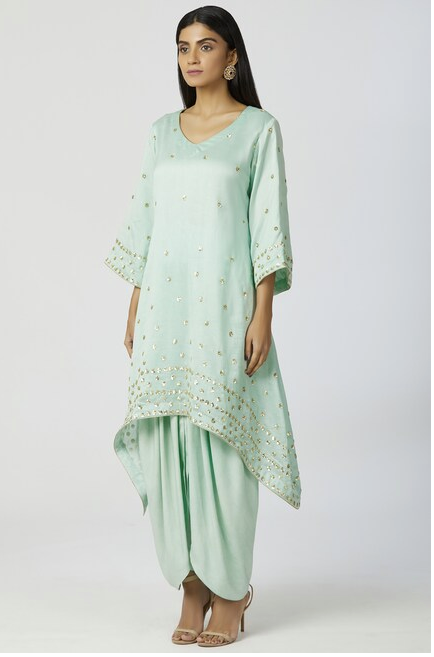 Chanderi Silk Kurta Dhoti Pant Set in Mint Green-1