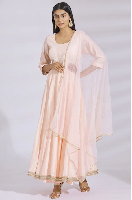 Embellished Chanderi Silk Anarkali Set in Peach-1