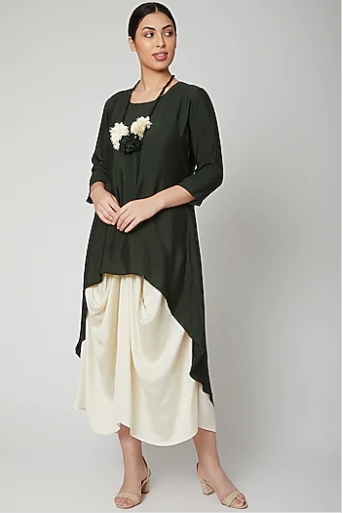 Dream- Bottle Green & off white Indo Western Cowl Dress-0