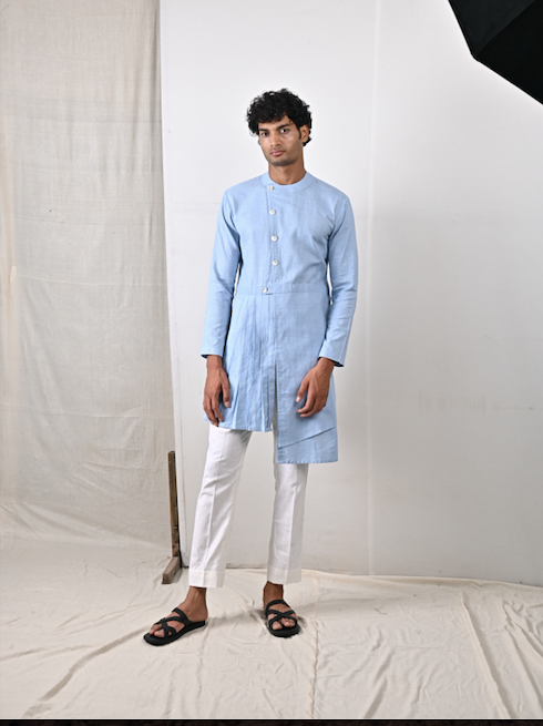 Braxton - sky Blue Asymmetrical Pleated Kurta Set-0