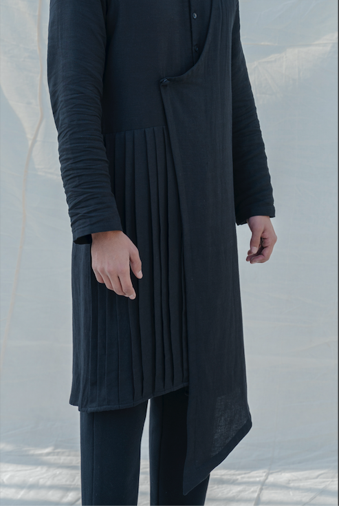 Cotton X Linen Black Overlap & Pleated Kurta-1