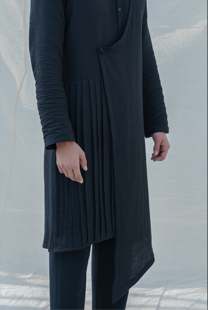 Cotton X Linen Black Overlap & Pleated Kurta-1