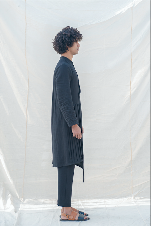 Cotton X Linen Black Overlap & Pleated Kurta-3