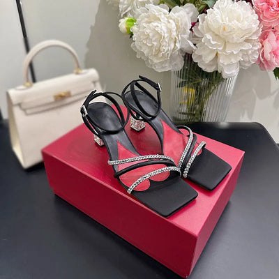 Summer New Fashionable Leather Water Diamond High Heels, Sexy Women's Sandals, Square Headed Side Open Toe, Square Heel Buckle