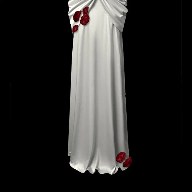 White mist Red dust slim-fit waist top long satin party birthday dress