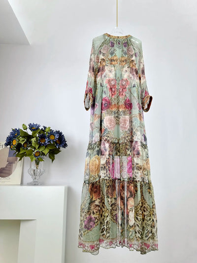 EVACANDIS 100% Real Silk Women New Runway Designer Printing Loose Midi Dress V-Neck Bohemian Luxury Chic Lace-up Elegant Vintage