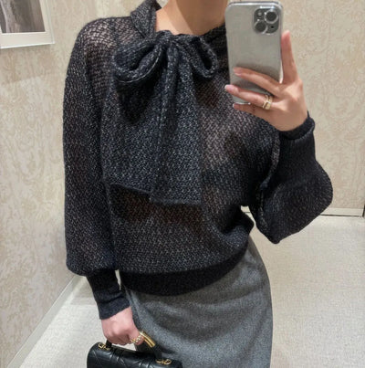 2024 autumn new women bow collar hollow out mohair knitted pullover sweaters long lantern sleeve elegant loose jumpers