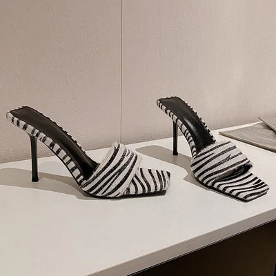 Open Toe Zebra Print Mules Black and White Stripe Stiletto Heels Classic Summer Sexy Lady Dress Party Casual Shallow Sandals