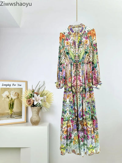 High Quality Autumn Women Fashion Runway Designer 100% Silk Colorful Flower Printed Waist Drawstring Turn-down Collar Long Dress