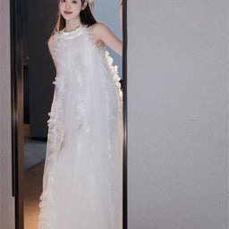 Bridal Morning Gown White Bridesmaid Mesh Halter Dress Seaside Holiday