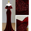 Fishtail Toast Clothing Wine Red Dress off-Shoulder Velvet Sequins Elegant Women