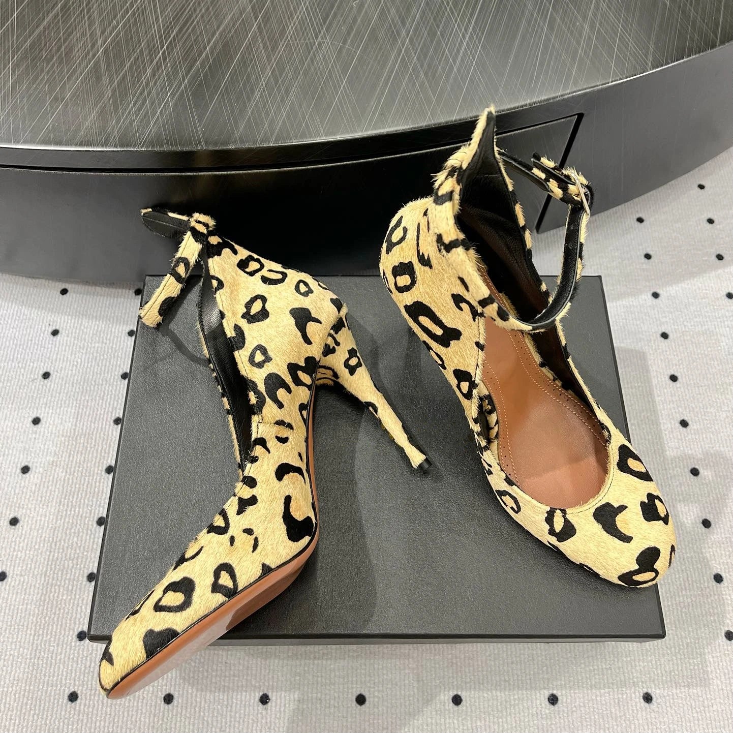 Shoes For Women Size35-42 Leopard Patent Leather Pumps Super High Heels Round-Toes Buckle Strap Designer Shoes Zapatos De Mujer