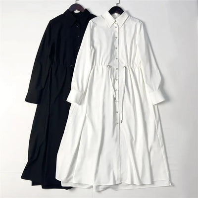 Women's Blouse Dress with Drawstring, Long Skirt, Turn-Down Collar, Elegant, Beadings Belt, Female, 2024