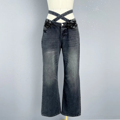 2024 Spring/Summer New Women's Wear Fashionable Elegant Three-Dimensional Flower Decorative Low Waist Jeans 0319
