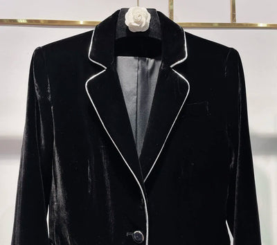 Luxury vintage women black velvet blazers white trim binding notched collar one button coats
