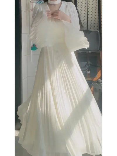 Classic Style Women's Mori First Love French Platycodon Grandiflorum White Chiffon Long Sleeve Sun Dress Summer