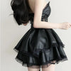 Sexy Gothic Style Dark Black Lace Blouse Tube Dress Women's Hot Girl Side Waist Hollow out Strap Cake Leather Skirt Suit
