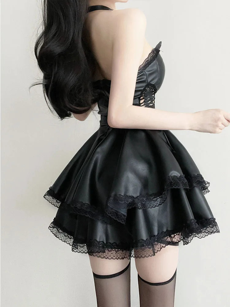 Sexy Gothic Style Dark Black Lace Blouse Tube Dress Women's Hot Girl Side Waist Hollow out Strap Cake Leather Skirt Suit
