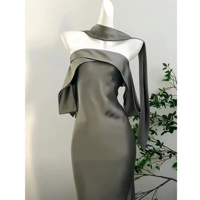 Elegant off-Shoulder Dress Women's New Light Luxury Satin Slim Skirt