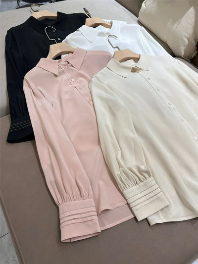 Women's Casual Shirt cuff beading silk Loose Long Sleeve Blouse 2024 New