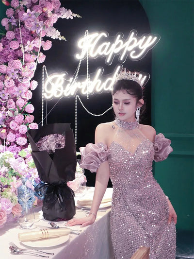 Toasting wear light luxury minority coming-of-age ceremony banquet heavy sequin neck fishtail dress