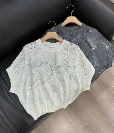 24 New B//C Embroidered Sequins Round Neck Sparkling Knit Linen and Silk Blend Short Sleeve Top