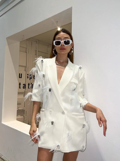 High-End Rhinestone Feather Double Breasted Blazers Fashion Loose Ostrich Feather Short Sleeve Mid-Length Suit Coat Summer New