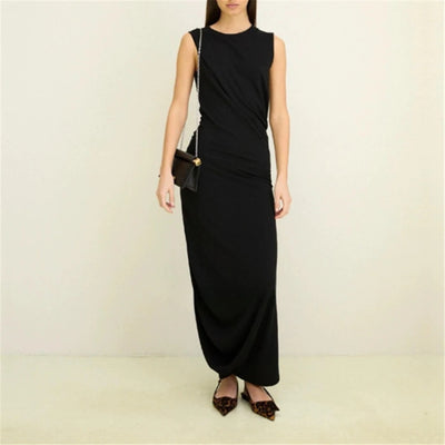 Le*re Women's Long Dresses In Cotton Black Waist Fold Dress 024 Luxury Design Jumpsuits Women's Clothing