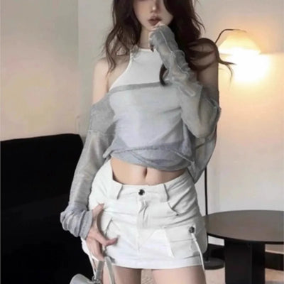 Special-Interest Design Long Sleeve Fake Two-Piece Vest Pullover T-shirt for Women