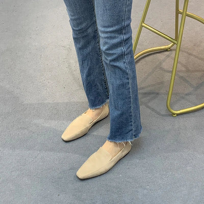 2022 New Sheep Suede Leather Comfortable Simple Casual Square Toe Flat One Pedal Loafers Single Shoes Women