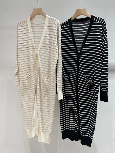 Women's 2024 Spring New Cardigan Striped V-neck Silk linen Long Knitted Light Sun Protection Jacket Women