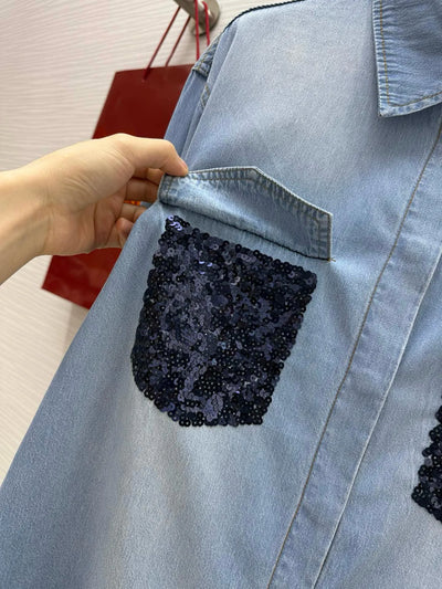 EVACANDIS Women High Quality Sequins Pockets Turn-down Collar Long Sleeve Denim Shirts Casual Office Lady Elegant Cotton Tops