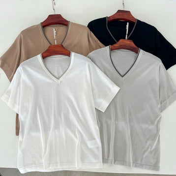 Short-Sleeved V-Neck Bead Chain T-Shirt for Women, Versatile T-Shirt, Light and Nude Feel, Fine Wool Blended Knitted Top