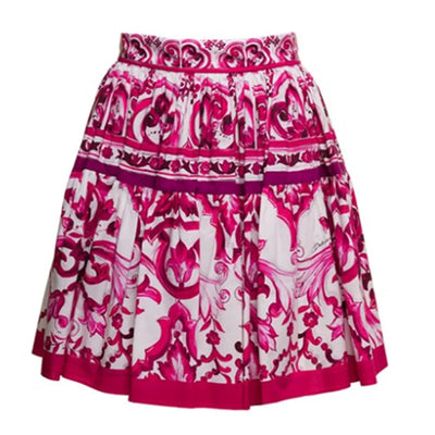 HIGH QUALITY  Summer Women  Fuchsia And White  Porcelain Print Cotton Corset Top and Mini Skirt Set  Fashion Holiday Outfit 2024