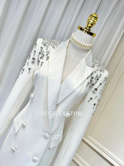 High-End Luxury Heavy Industry Gradient Rhinestone Beaded Satin Lapel Blazer Fashion Padded Shoulder V-neck Double Breasted Suit