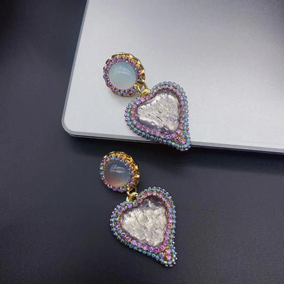 EVACANDIS Crystal Heart Colorful Vintage Handmade Gold Plated Drop Dangle Earrings for Women Zircon S925 Sterling Silver Needle