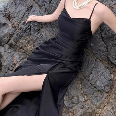Black satin halter Hepburn style Little dress slim long skirt slit