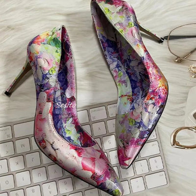 Colorful Flower Print Pumps Classic Heels Pointy Toe Fashion Women Stiletto Heel Comfort Rubber Sole Summer Shallow Sandals