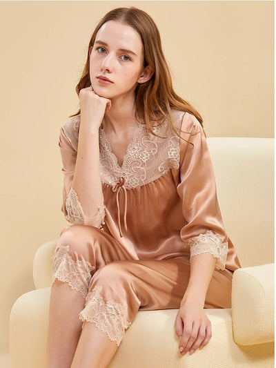 100% High-End Silk Pajamas Two-Piece Suit Spring and Autumn Summer Western Style Long Pants Home Wear for Women